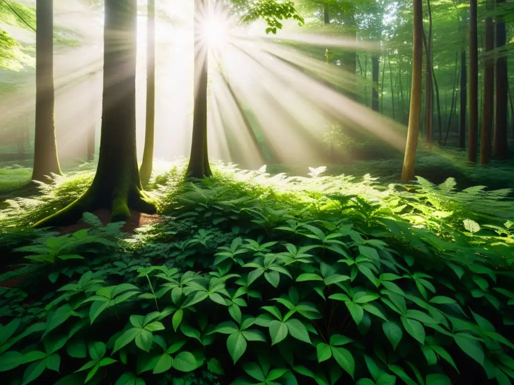 Un bosque exuberante con luz solar filtrándose a través de las hojas, creando sombras moteadas