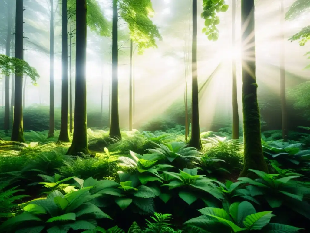 Un bosque exuberante con luz solar filtrándose a través de las hojas, evocando tranquilidad y soluciones sostenibles contaminación sonora