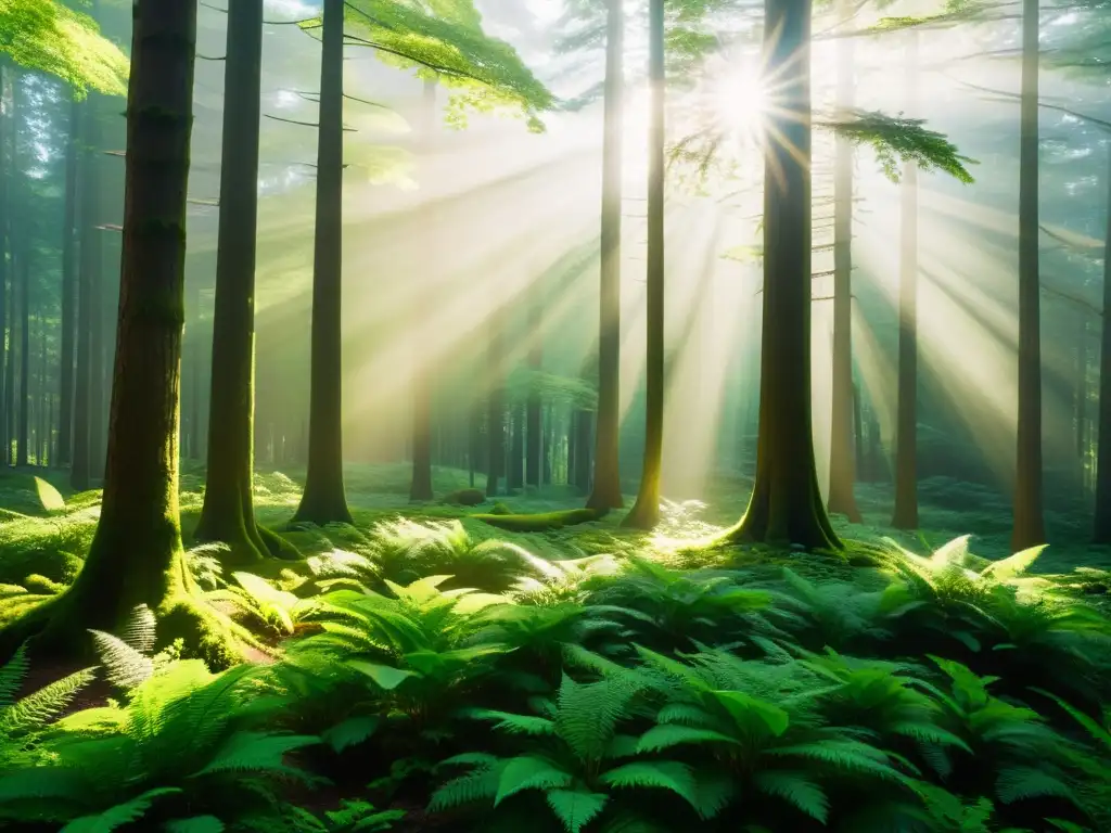 Un bosque exuberante con luz solar filtrándose entre el dosel, creando sombras moteadas en el suelo