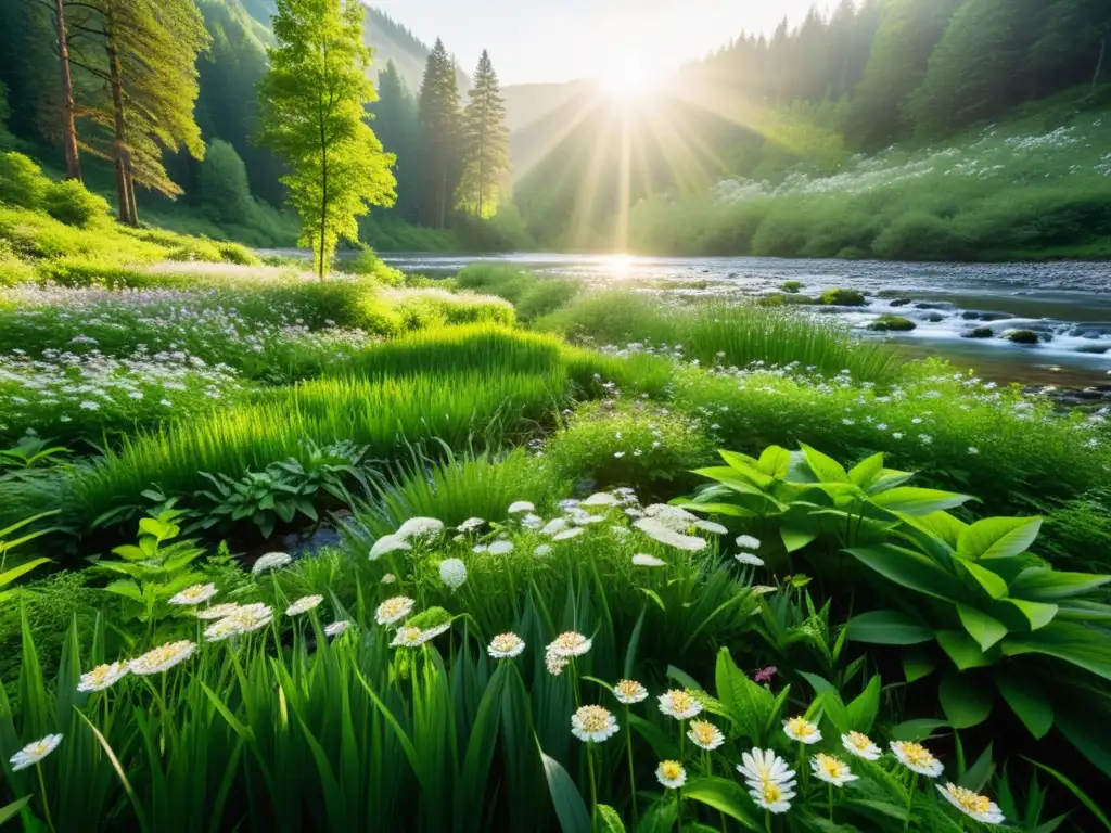 Un bosque exuberante con luz solar filtrándose entre las hojas, creando hermosos patrones en el suelo