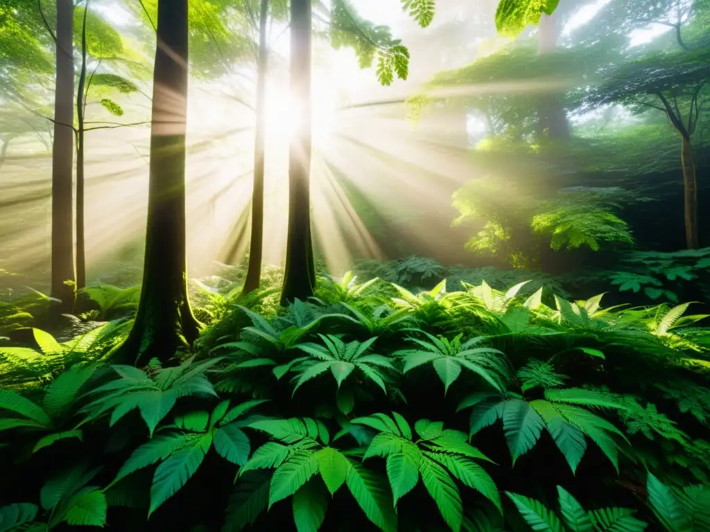 Un bosque exuberante con luz solar filtrándose entre la densa vegetación, destacando la biodiversidad y belleza natural