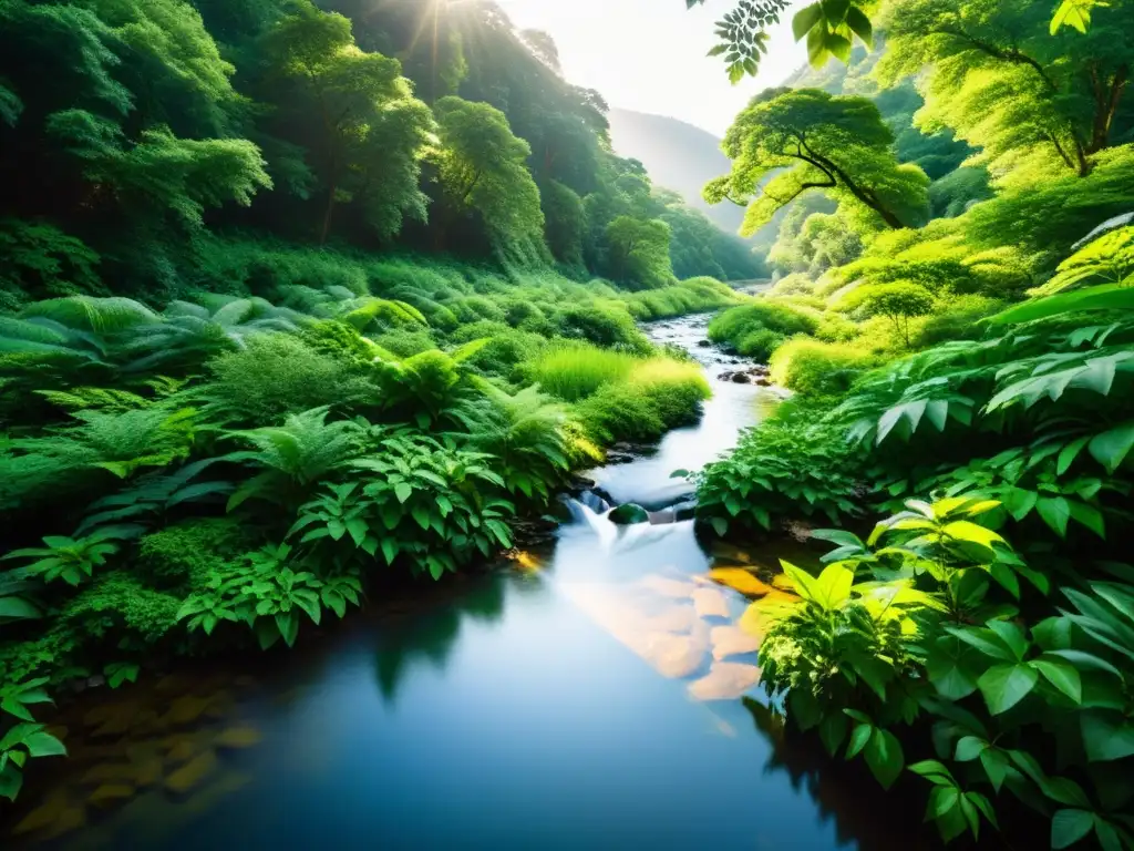 Un bosque exuberante con luz solar filtrándose a través de las hojas, iluminando un arroyo claro