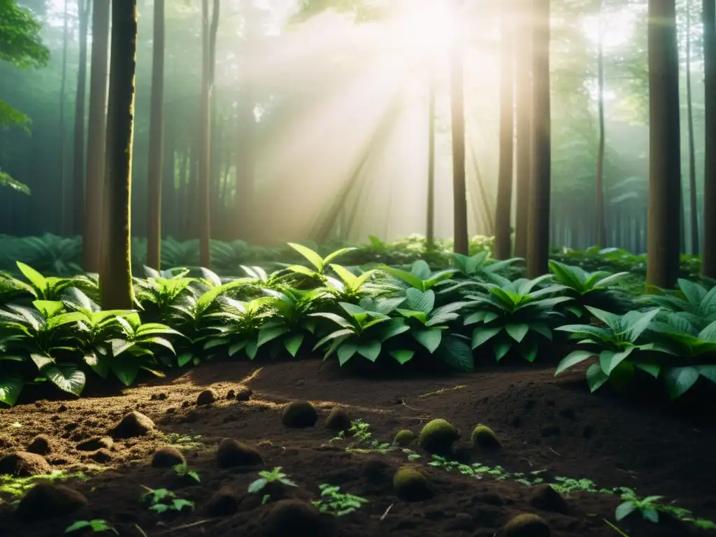 Un bosque exuberante con luz solar filtrándose a través de las hojas, mostrando los beneficios del compostaje para el aire