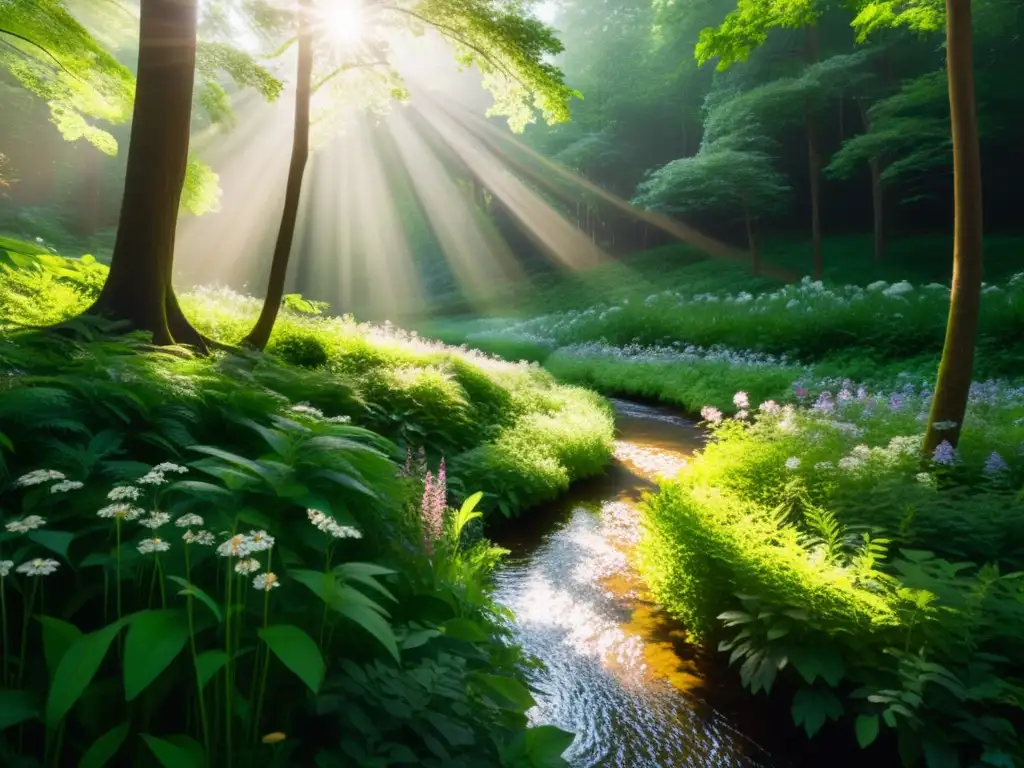 Un bosque exuberante con luz solar filtrándose entre las hojas, creando patrones de sombra y luz en el suelo