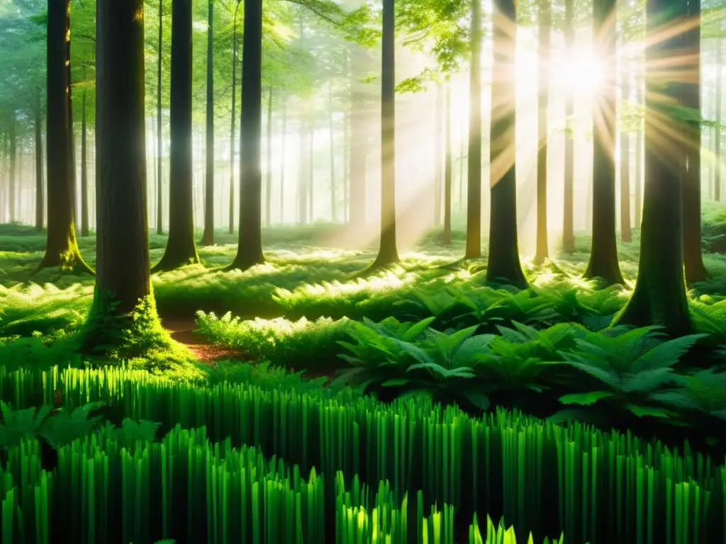 Un bosque exuberante con luz solar filtrándose a través del dosel, creando sombras en el suelo