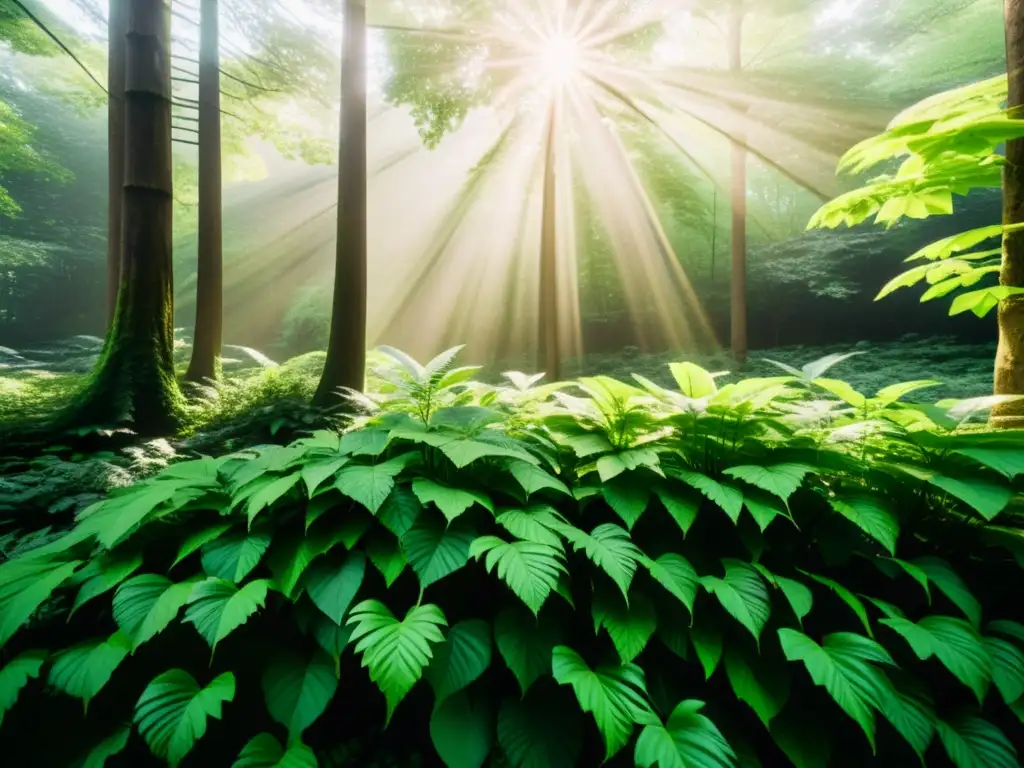 Un bosque exuberante con luz solar filtrándose entre las hojas, transmite serenidad y belleza natural