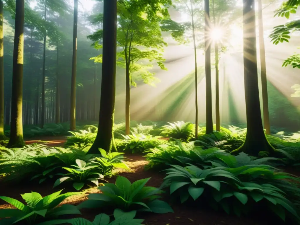 Un bosque exuberante con luz solar filtrándose entre las hojas, creando sombras en el suelo