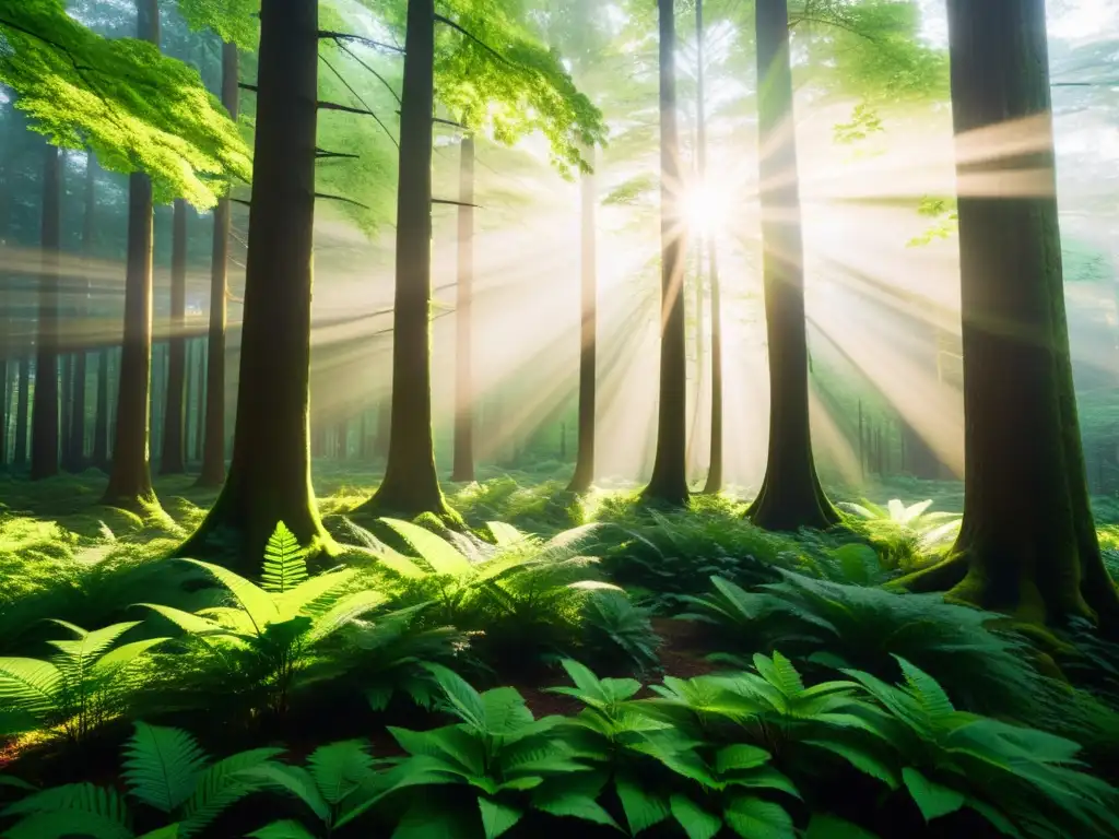 Un bosque exuberante con luz solar entre las hojas