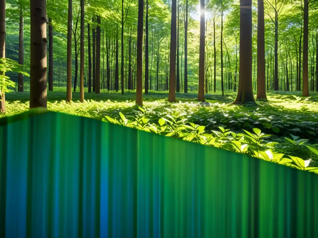 Un bosque exuberante y sereno con luz filtrada entre las hojas, creando un escenario natural y puro