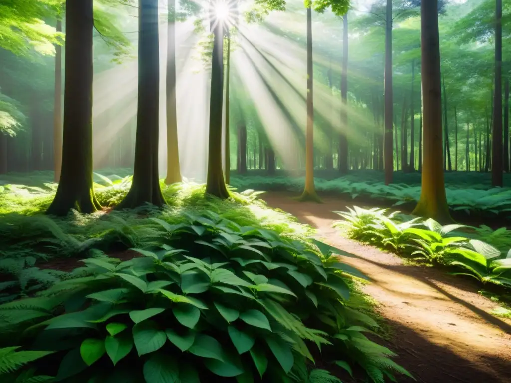 Un bosque exuberante y sereno con luz solar filtrándose a través de las hojas, creando sombras moteadas en el suelo del bosque