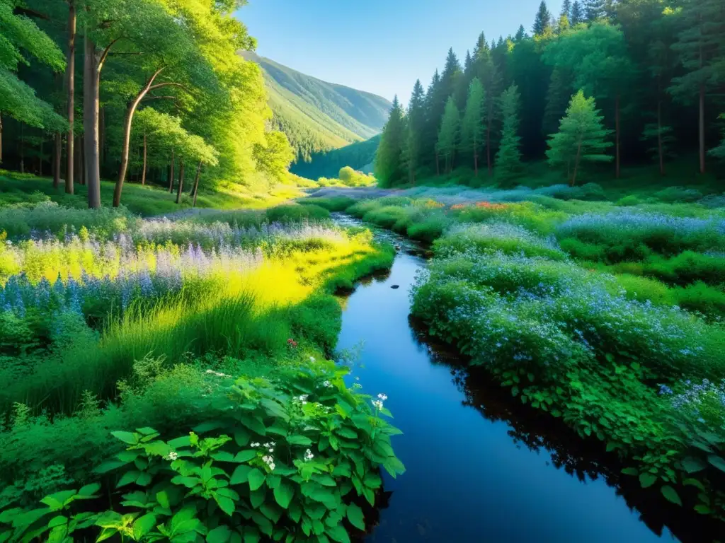 Un bosque exuberante y sereno con luz solar filtrada entre las hojas, reflejando tranquilidad y belleza natural