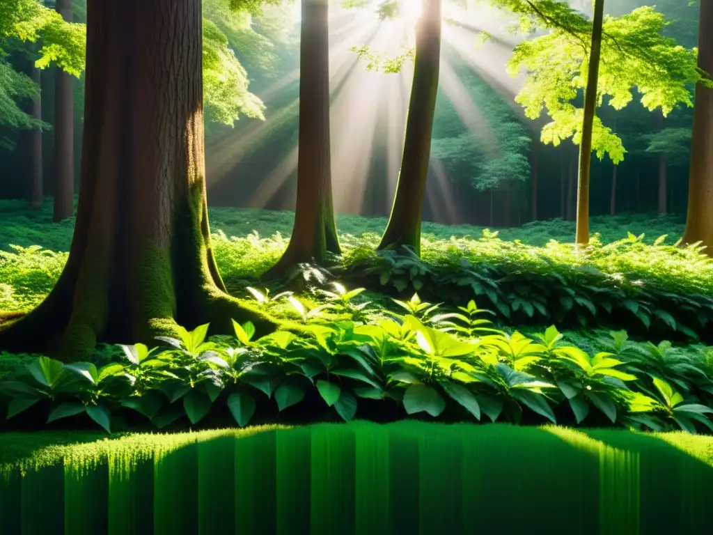 Un bosque exuberante y sereno con luz solar filtrándose entre las hojas, creando sombras moteadas en el suelo
