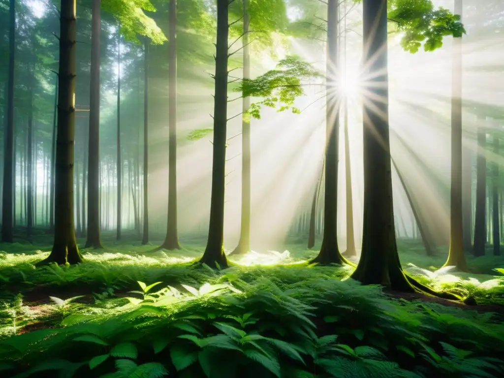 Un bosque exuberante y sereno, con la luz solar filtrándose entre las hojas y creando sombras