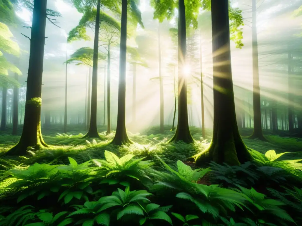 Un bosque exuberante y sereno con rayos de sol filtrándose a través de las copas de los árboles