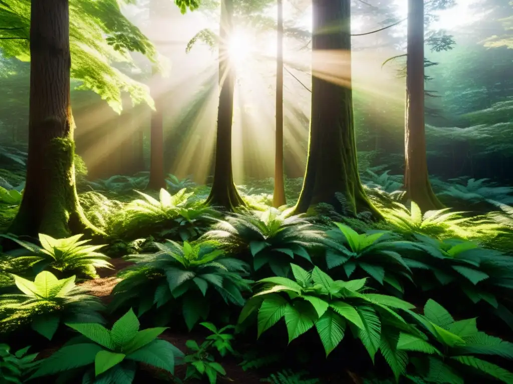 Un bosque exuberante y verde con luz solar filtrándose a través de las hojas, resaltando la rica biodiversidad del ecosistema