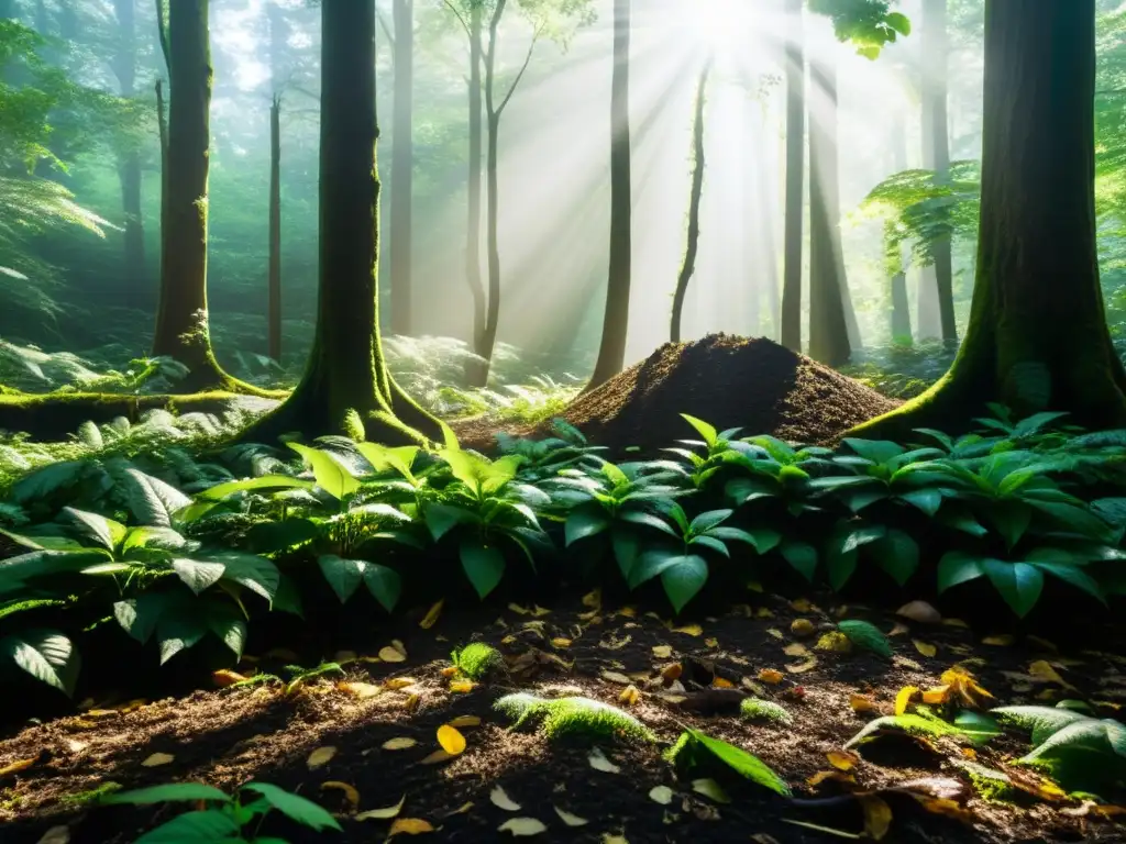 Un bosque exuberante y verde con luz solar filtrándose a través del dosel