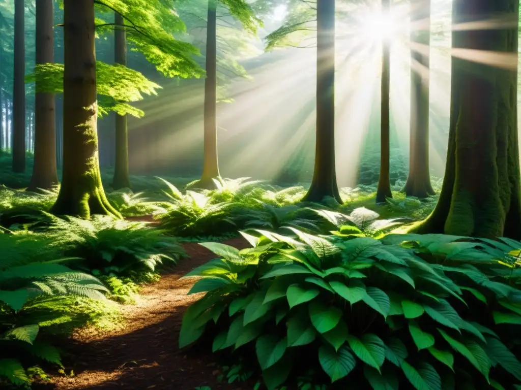 Un bosque exuberante y verde, con luz solar filtrándose entre las hojas y creando sombras moteadas en el suelo del bosque