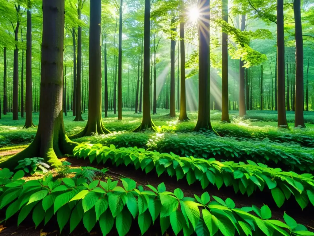 Un bosque exuberante y verde con la luz del sol filtrándose entre las hojas, creando sombras moteadas en el suelo