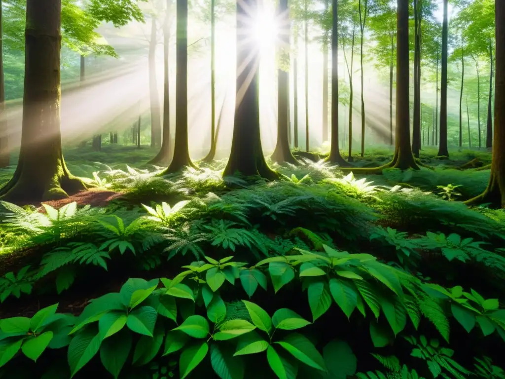 Un bosque exuberante y verde con luz solar filtrándose entre el dosel, creando sombras moteadas