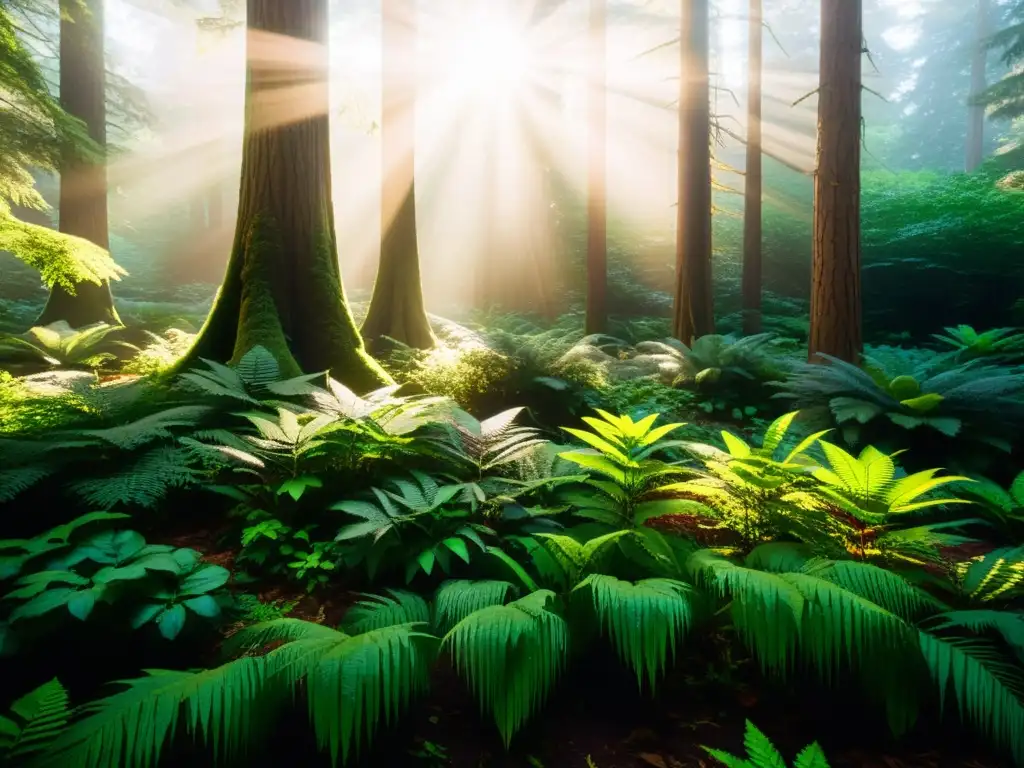 Un bosque exuberante y vibrante, con luz solar filtrándose a través del dosel, iluminando una diversa gama de vida vegetal y creando patrones intrincados de sombra y luz en el suelo del bosque