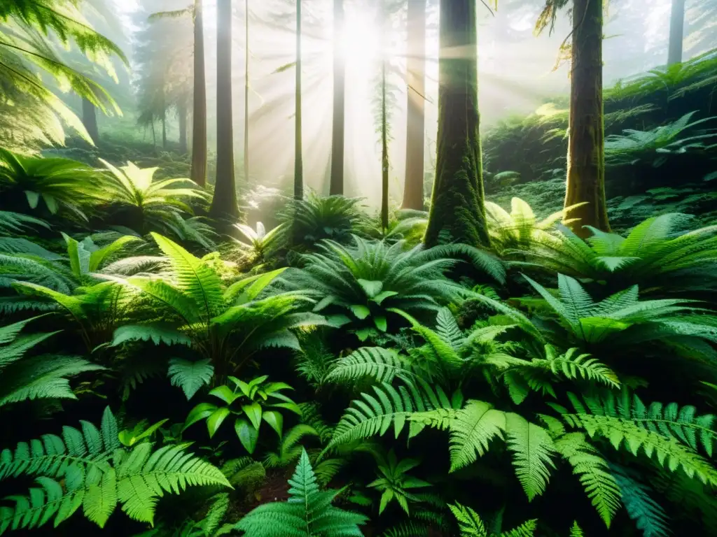 Un bosque exuberante y vibrante en 8k, con luz solar filtrándose entre la densa vegetación, crea patrones de luz y sombra