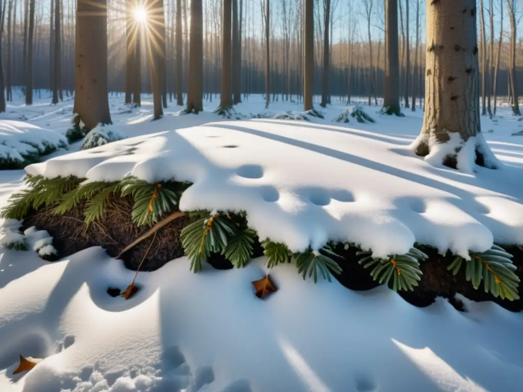 Un bosque nevado en Escandinavia, con hojas y ramas asomando entre la nieve brillante