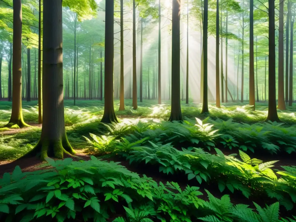 Un bosque sereno bañado por el sol, con árboles altos proyectando sombras largas