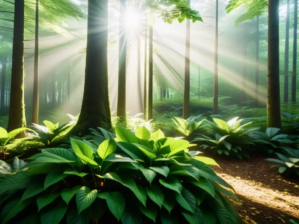 Un bosque sereno e inmaculado, con luz solar filtrándose a través del denso follaje