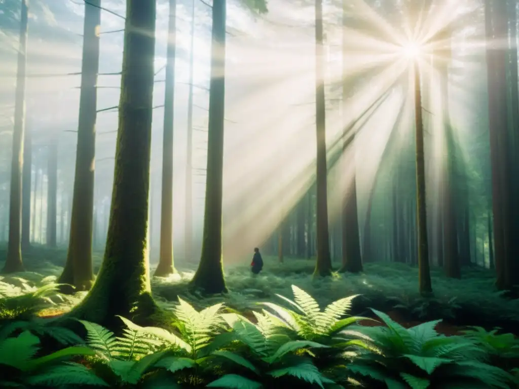 Un bosque sereno con luz solar entre las hojas, conectando con la naturaleza y la importancia de las compras conscientes y etiquetas ecológicas