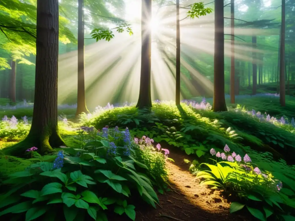 Un bosque sereno y minimalista con luz solar entre las hojas, sombras en el suelo y flores silvestres