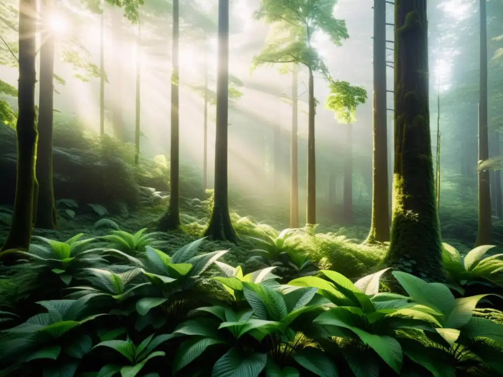 Un bosque verde exuberante con luz solar filtrándose entre las hojas, resaltando la importancia de marcas comprometidas con el medio ambiente