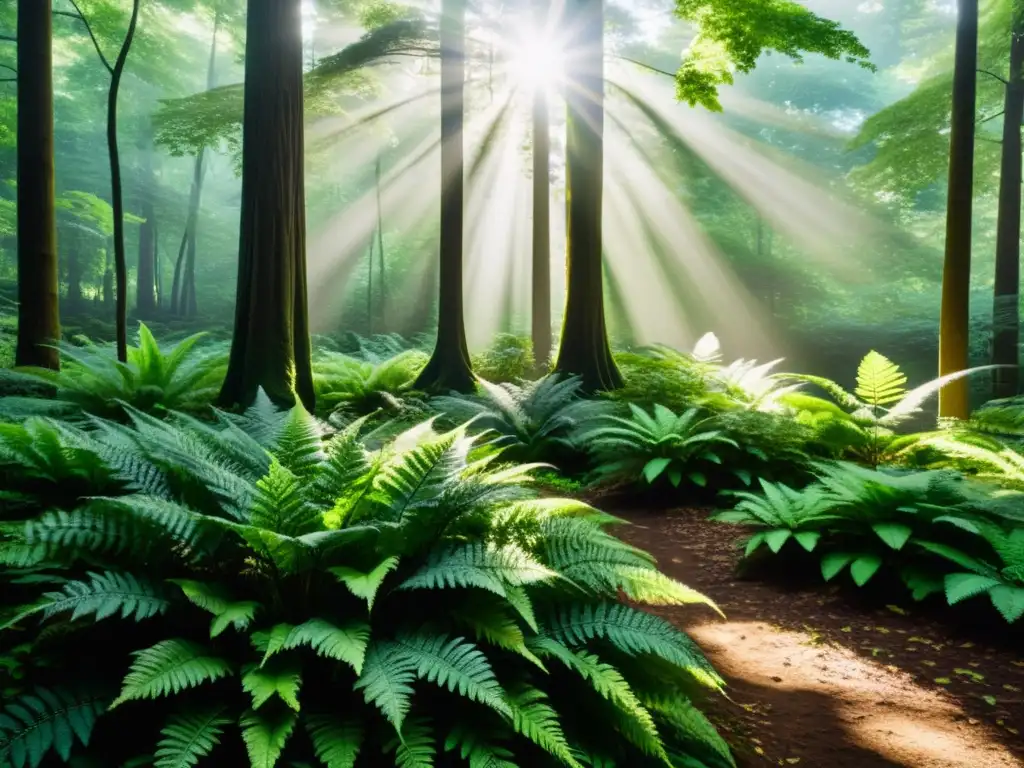 Un bosque verde exuberante con luz solar filtrándose entre las hojas, creando sombras moteadas en el suelo del bosque