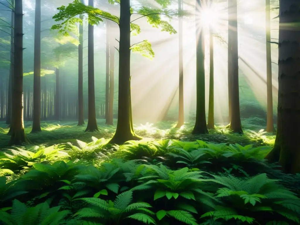 Un bosque verde exuberante con luz solar filtrándose entre los árboles, creando sombras moteadas en el suelo