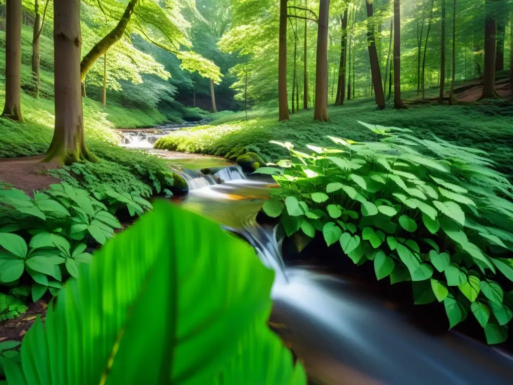 Un bosque verde exuberante con luz solar filtrándose a través del dosel, creando sombras moteadas en el suelo