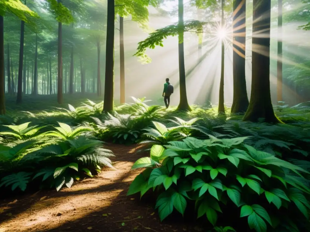 Un bosque verde exuberante con luz solar filtrándose entre las hojas, creando sombras en el suelo