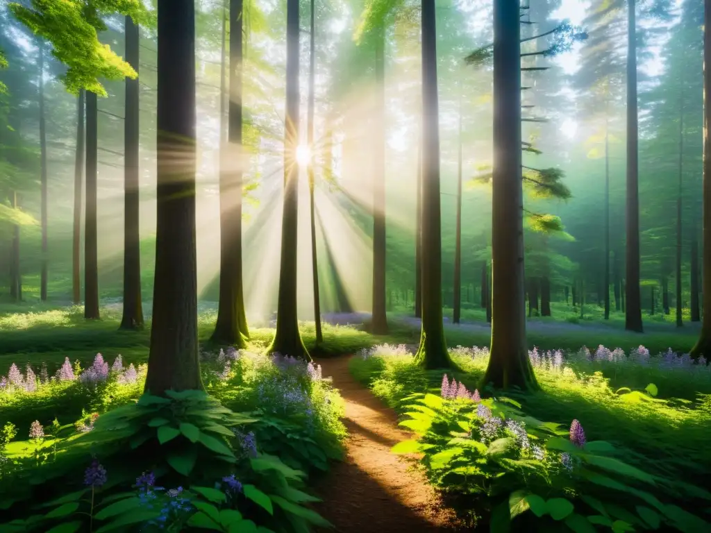 Un bosque verde exuberante con rayos de sol filtrándose entre las hojas, creando sombras en el suelo del bosque