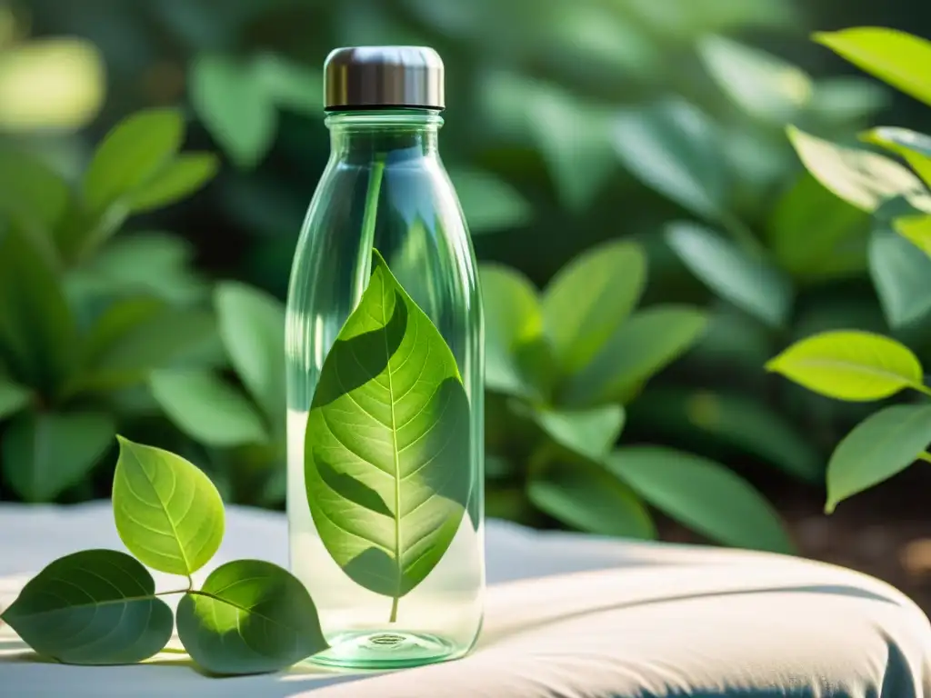 Una botella de agua de vidrio descansa sobre hojas verdes, iluminada por la suave luz natural