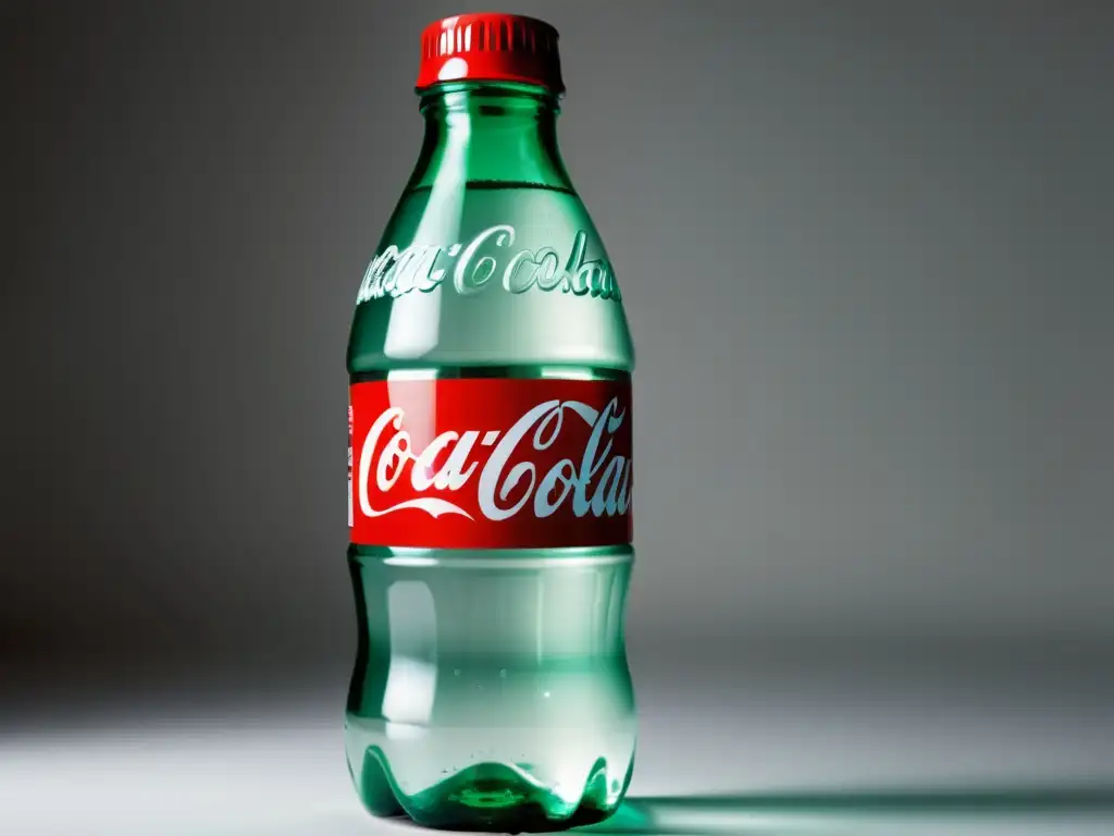 Botella PlantBottle de Coca-Cola llena de agua, con condensación, iluminación suave, impacto huella ecológica campaña PlantBottle