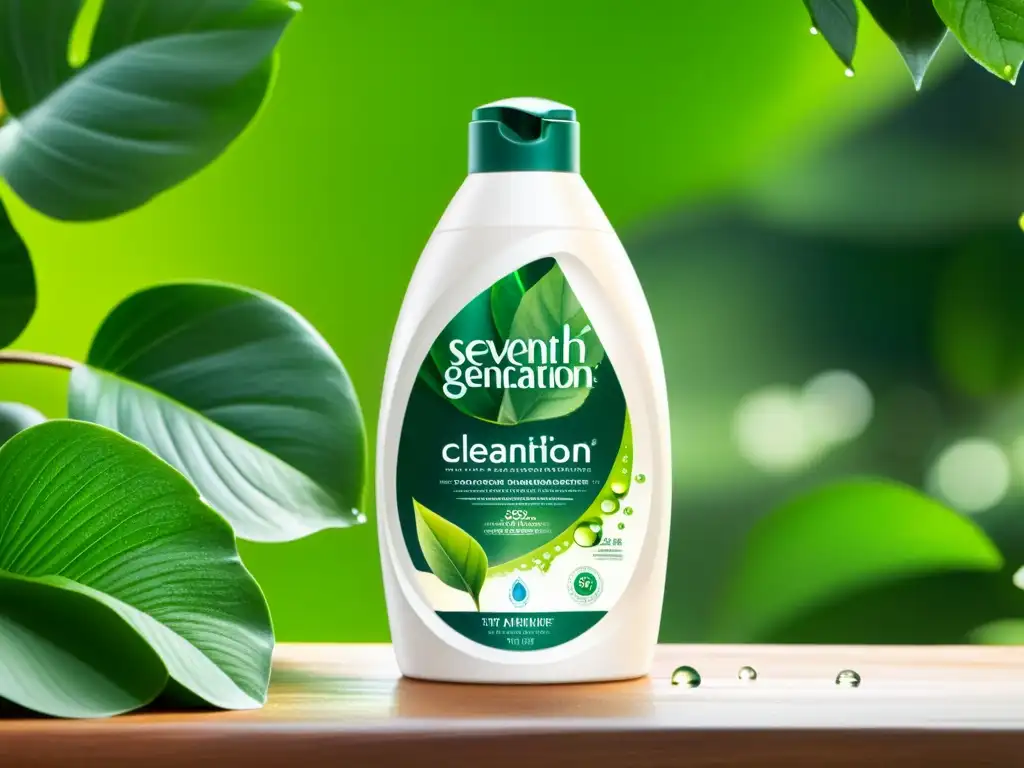 Botella de limpieza Seventh Generation con mensaje ecológico, en un entorno natural con gotas de agua brillantes