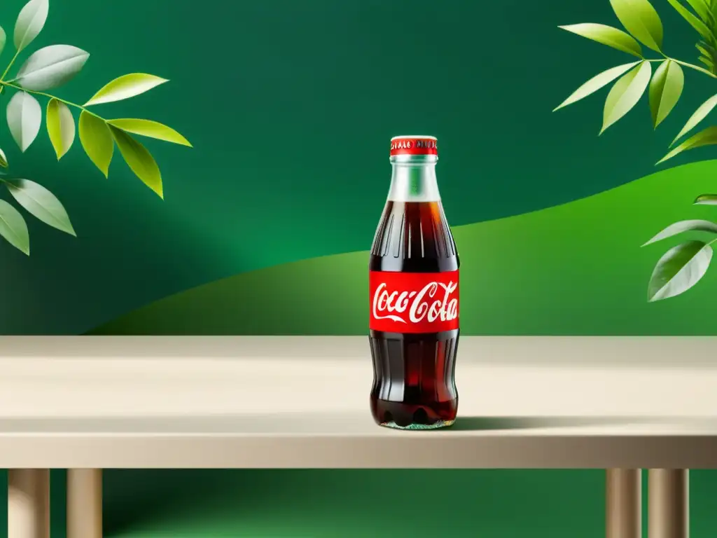 Una botella CocaCola 'PlantBottle' en una mesa moderna, rodeada de plantas verdes y materiales sostenibles, reflejando el impacto ecológico y la campaña PlantBottle