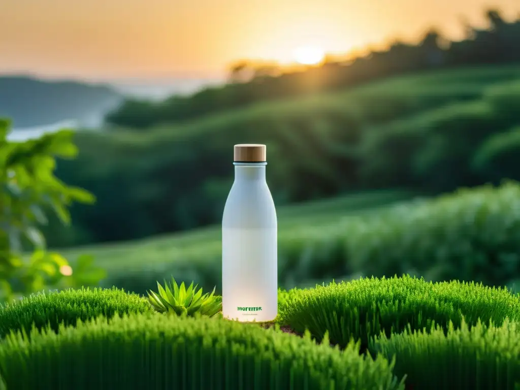 Una botella PlantBottle se destaca en un entorno al aire libre, rodeada de exuberante vegetación