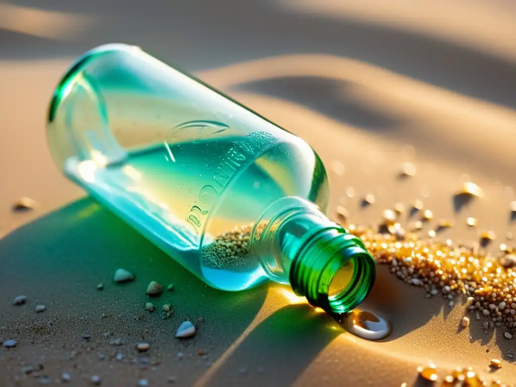 Botella de plástico parcialmente enterrada en la arena de una playa cristalina, con materiales biodegradables como alternativa al plástico