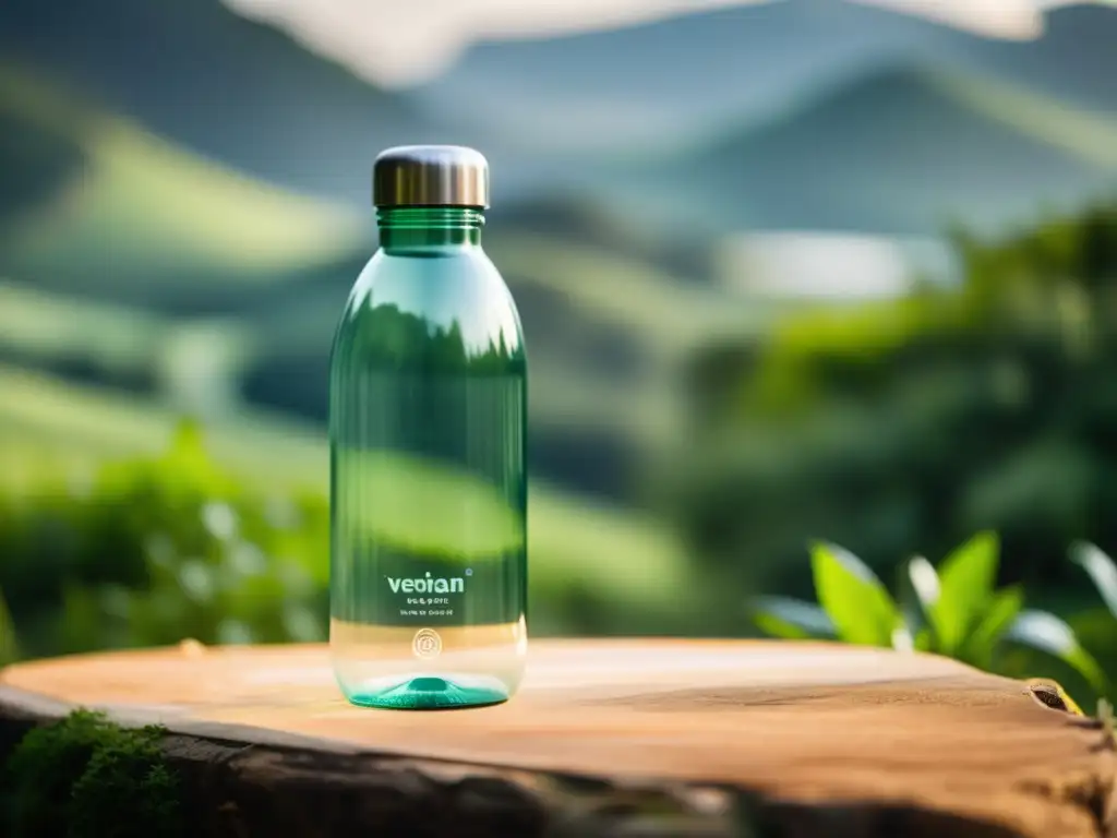 Botella de plástico transparente de origen vegetal, con diseño minimalista, iluminada por el sol