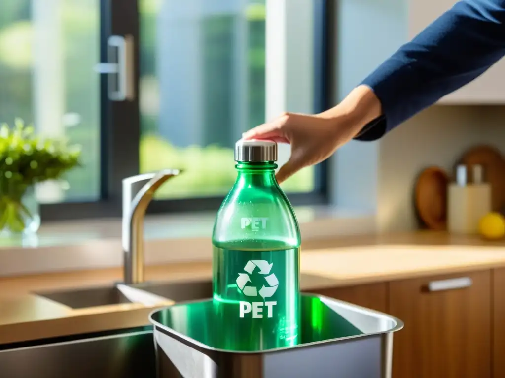 Botella PET transparente siendo reciclada en cocina moderna