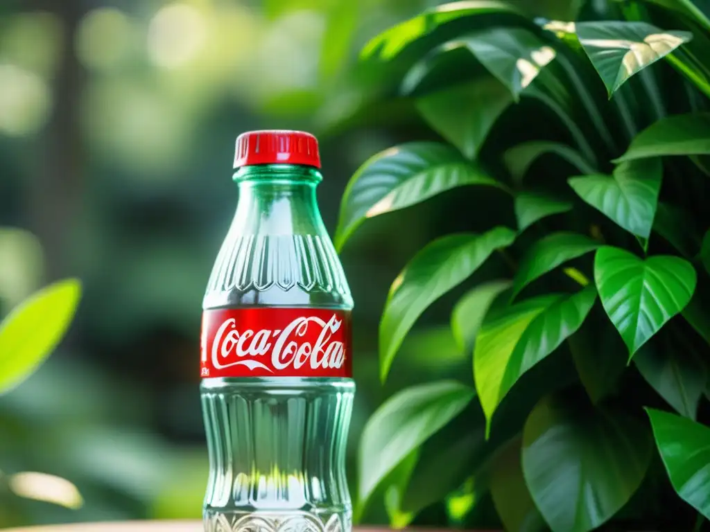 Una botella transparente de CocaCola 'PlantBottle' en un entorno de exuberante vegetación, resaltando su diseño ecofriendly