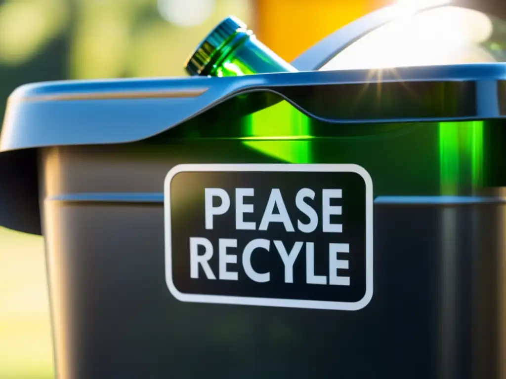 Una botella de vidrio transparente se coloca con cuidado en un contenedor de reciclaje, con la luz solar creando un juego hipnótico de luces y sombras