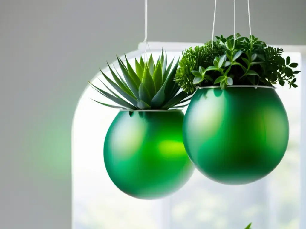 Transformación de botellas plástico en elegantes macetas colgantes con plantas verdes vibrantes, resaltando su diseño ecológico y artesanal