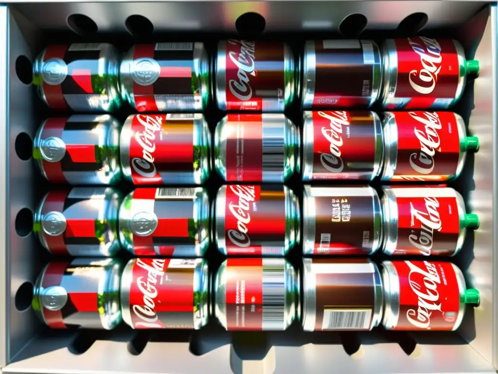 Reciclaje CocaCola cans y bottles en contenedor transparente, con luz solar filtrada y sombras