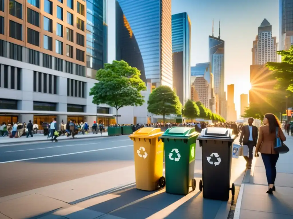 En una bulliciosa calle de la ciudad, contenedores de reciclaje alineados con materiales variados