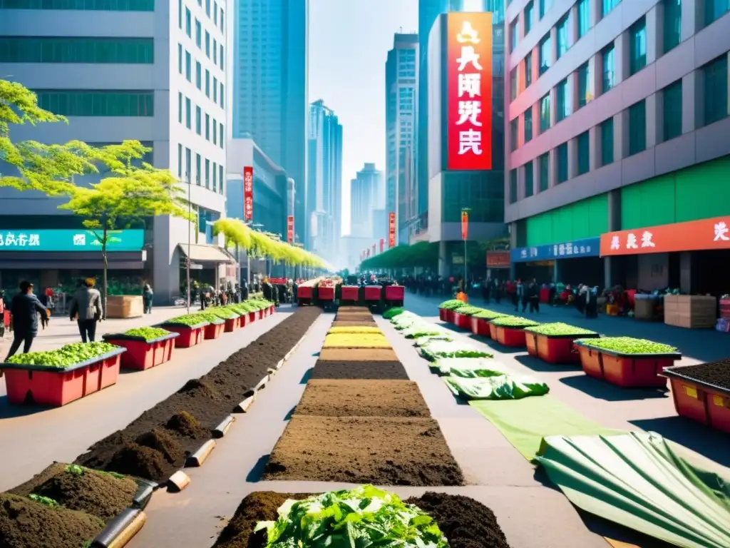 En una bulliciosa calle urbana de China, personas realizan compostaje urbano en China, entre rascacielos y banners coloridos